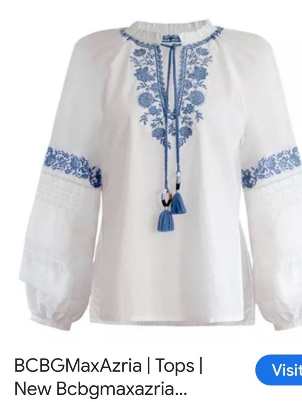 NWT BCBGMaxAzria White Blouse with Blue Floral Embroidery and Tassels